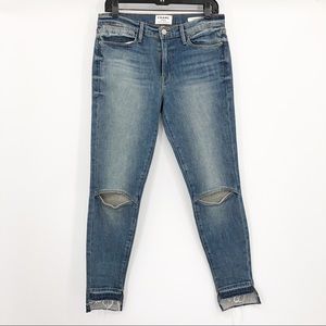 Frame Le High Skinny Raw Hem Open Knee Blue Jeans